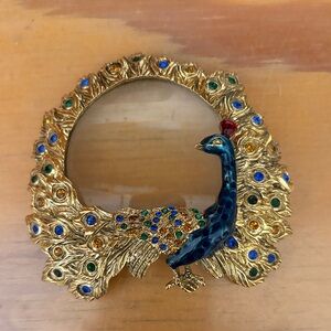 Elegant Gold and Blue Peacock Art Piece magnifying glass 3 1/2” around